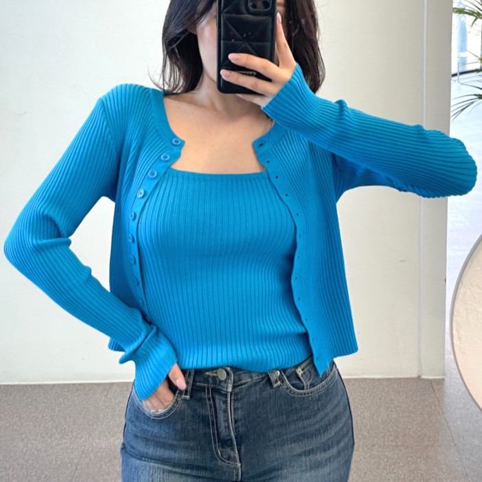 제이미핏 슬림한 여름 니트 라운드 나시 가디건 세트