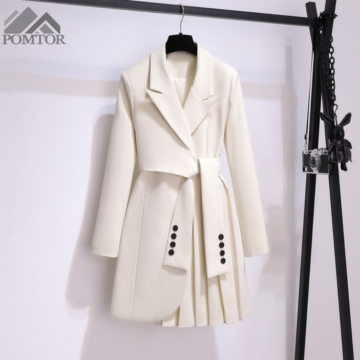 POMTOR 여성 봄가을 면접 고급 하객룩 정장 스커트 긴팔 원피스