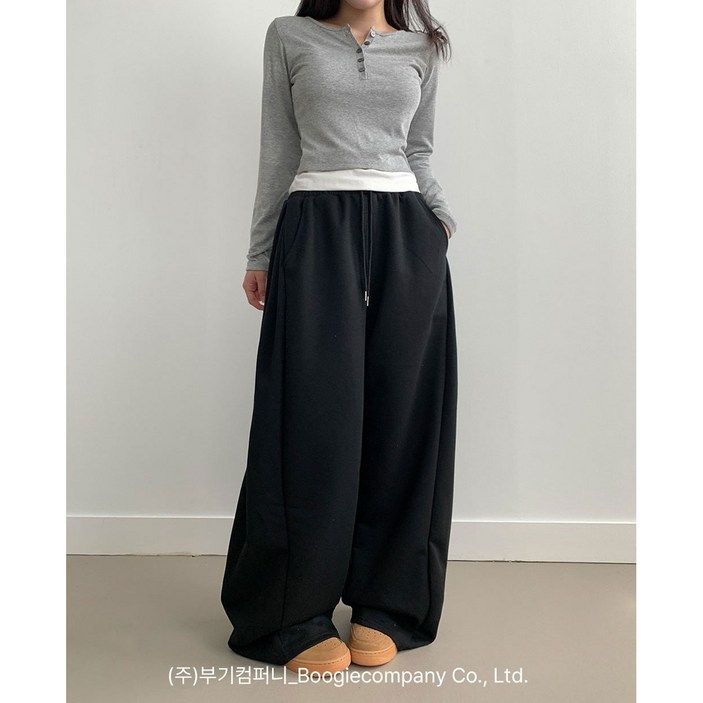 부기샵 군살커버 퍼트 사이드 폴링 핀턱 와이드 트레이닝 롱팬츠롱기장