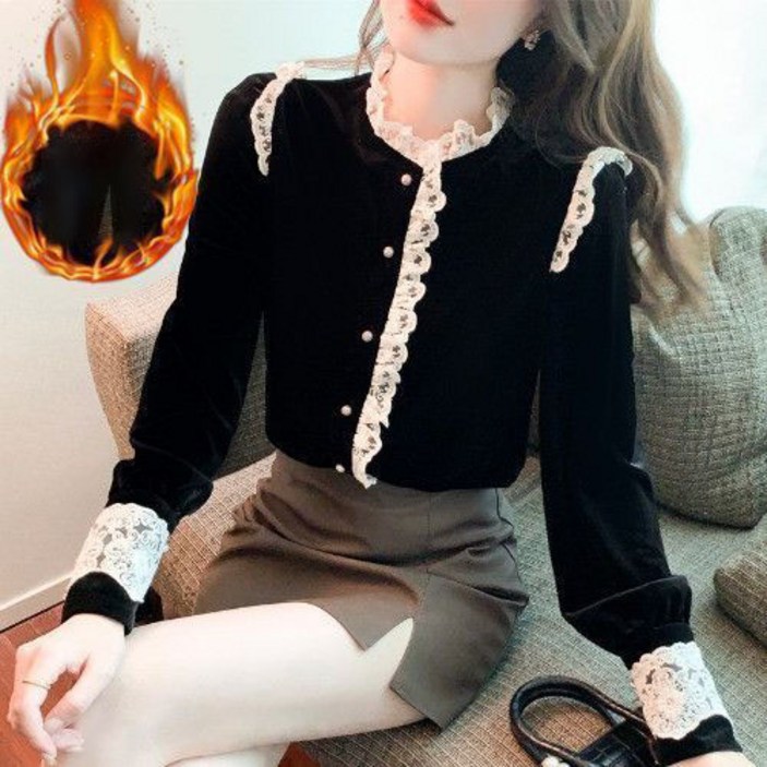 페이준 여성 가을 겨울 기모 벨벳 긴팔 티셔츠 패션 레이스 패치 프릴 데일리 심플 통근 블라우스 YF111835