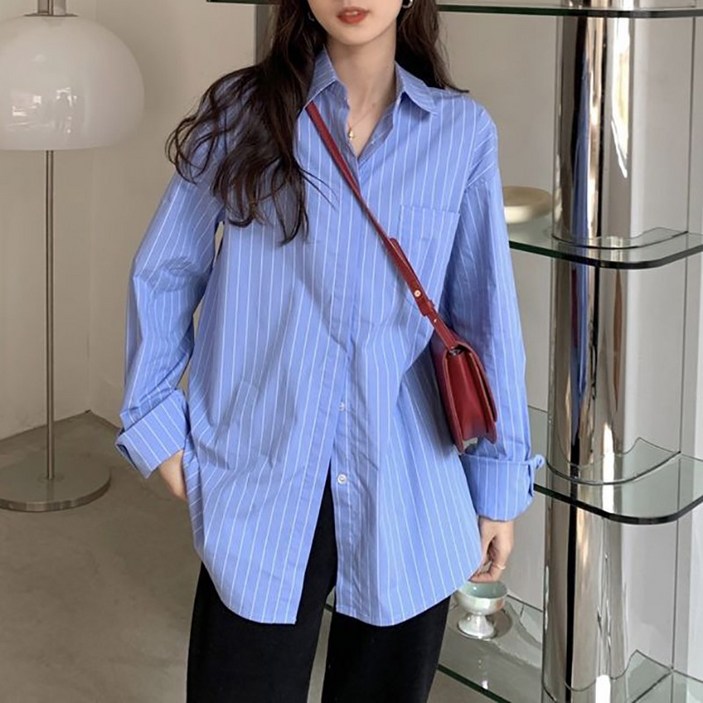 여성 간절기 심플 스트라이프 셔츠 루즈핏 캐주얼 상의 디자인감 아우터 슬림소녀
