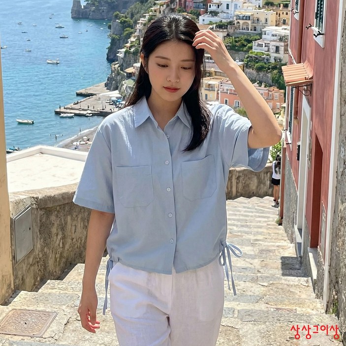 상상그이상 여성용 스트링 남방 단정한 카라넥 데일리 면셔츠 가볍고 시원한 아웃포켓 셔츠