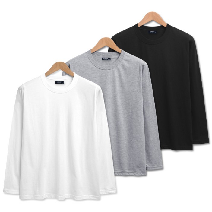 탑보이 3장 세트 30수 라운드 긴팔 쭉티 무지 면티 흰티 남녀공용 빅사이즈 티셔츠 SCC5258PT