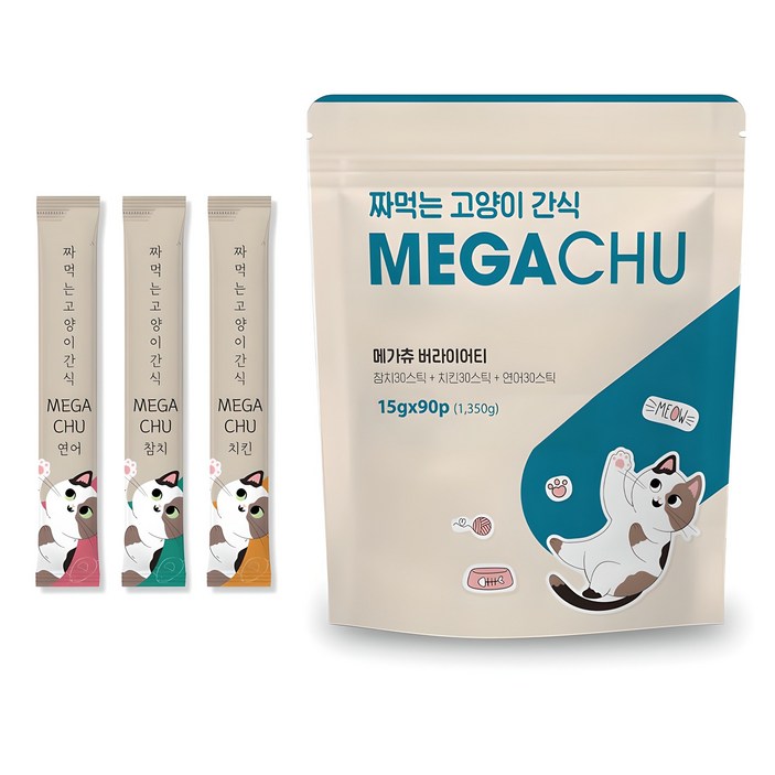 메가츄 짜먹는 츄르 고양이간식 90스틱 대용량, 연어치킨참치, 15g, 90개 메가츄 짜먹는 츄르 고양이간식 90스틱 대용량, 연어치킨참치, 15g, 90개