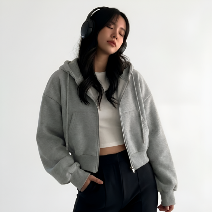 쁘띠엘라 후드 집업 세미 크롭 기모 가디건