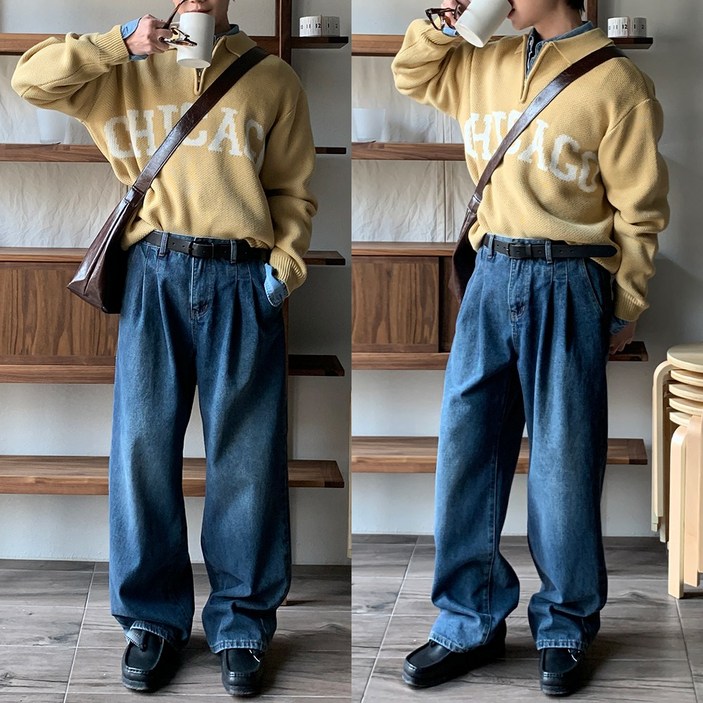 남자 사계절 핀턱 워싱 와이드 데님팬츠 남성용 청바지 4colors