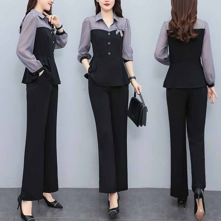 AOKADA 여성 카라 셔츠 블라우스 일자 팬츠 투피스 정장 세트 가을 슈트 오피스룩 하객룩 셋업