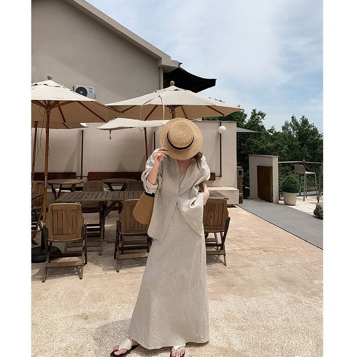 COSYEVNO 여성 투피스 가을 라운드 빅사이즈 빈티지 스타일리쉬 캐주얼 루즈핏 하프 버튼 탑스커트 투피스 CXJtz05