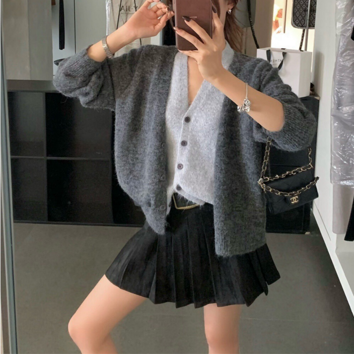유니크코코 이중 투톤 배색 니트 가디건 여성 간절기 kn5767