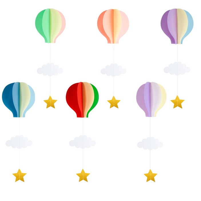 BUZOO 구름 별 모양 종이 열기구 모빌 방꾸미기 6종 세트, 혼합색상