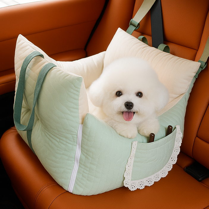 강아지 카시트 차량용 이동가방, 푹신한 도톰 쿠션 흔들림 방지 고정벨트, 반려동물 카시트