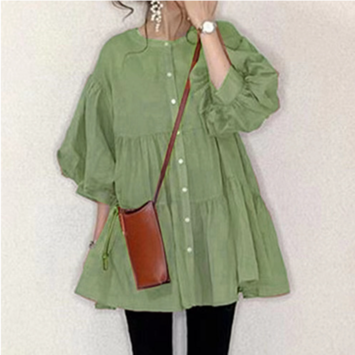 Kdragon 여성 내추럴 루즈핏 A라인 퍼프소매 셔링 7부 블라우스 데일리 캐주얼