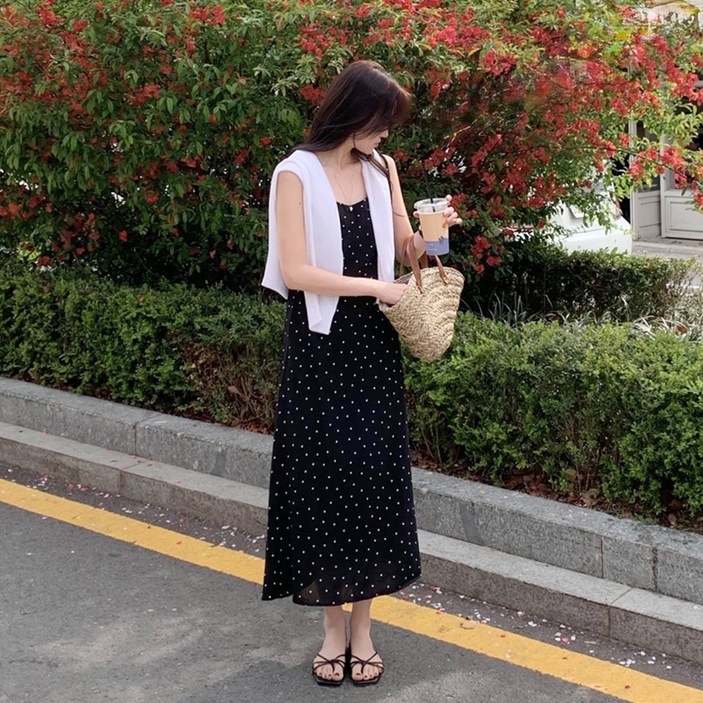 뉴데이잔꽃 민소매 롱 원피스 뷔스티에 바캉스룩 밴딩원피스 빅사이즈 나시