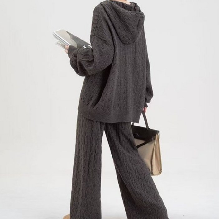 LIRICO 니트셋업 여성 후드집업 니트세트 와이드팬츠 투피스 루즈핏 데일리 니트셋트