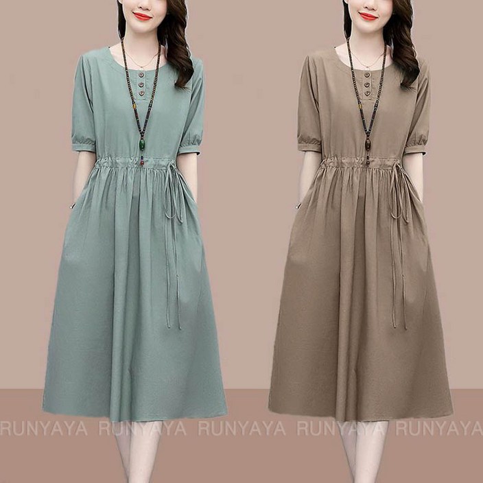 린넨원피스 고급스러운 허리 조절 슬림 면 마 반팔 원피스 빅사이즈 세미정장 티셔츠원피스 미디 셔츠원피스 D88U