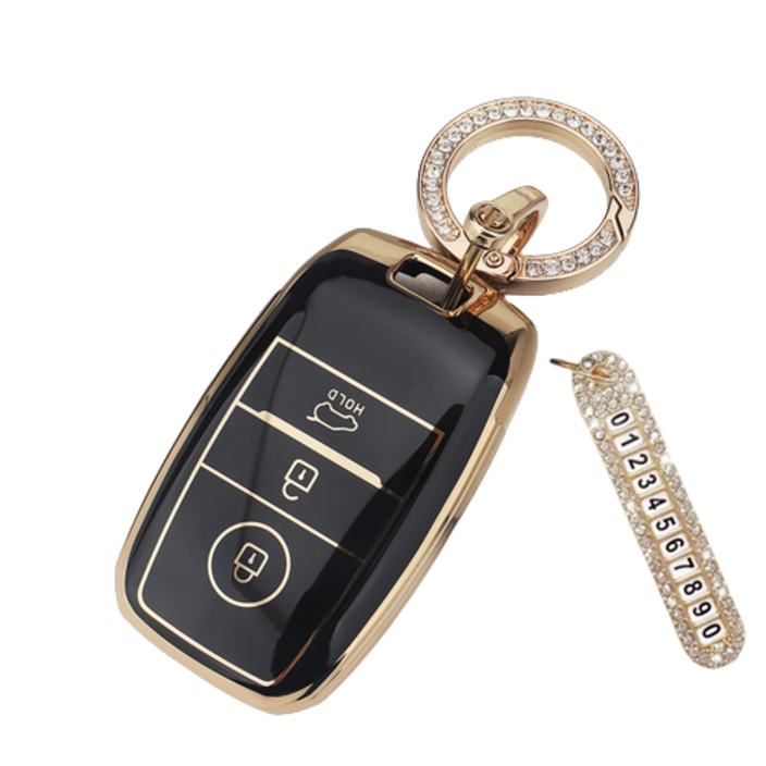 키에티 기아호환 스마트키 풀커버 TPU 3버튼 엣지 키케이스 A타입 + 큐빅번호판, 골드_블랙