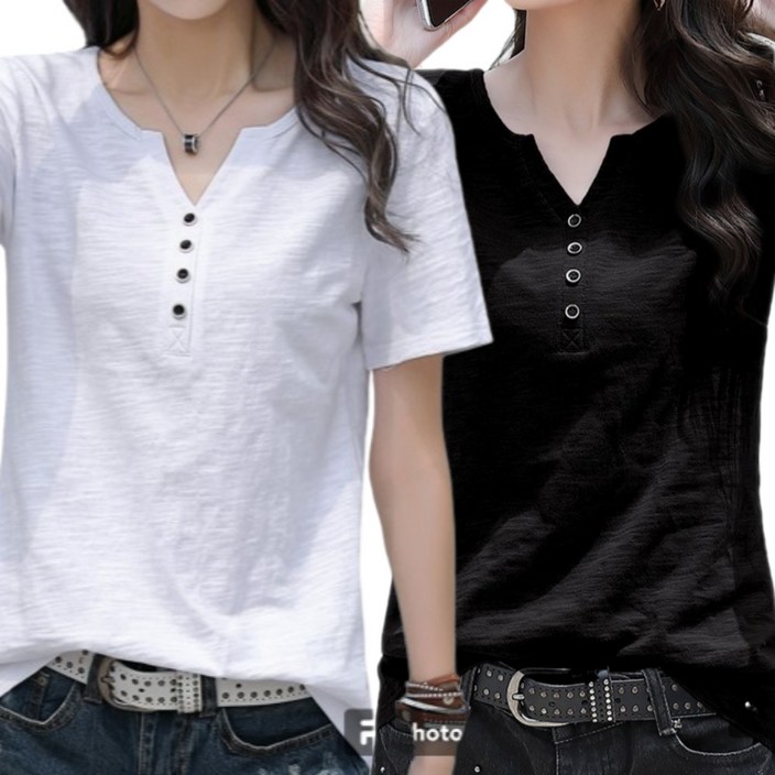 셀리나에스 여성 브이넥 단추 포인트 반팔 면 티셔츠 2종