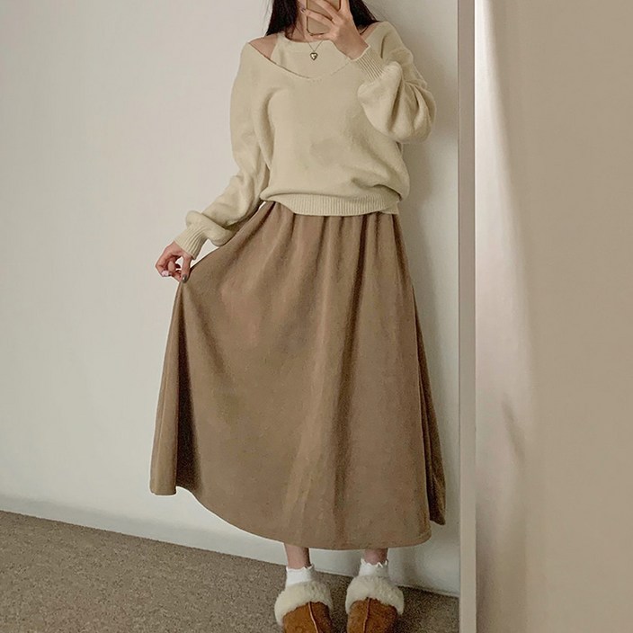 어나더뷰 2350 5컬러 모먼트 코듀로이 밍크 플레어 롱 스커트 밴딩 A라인 스판 골지 퍼 기모 융털 벨벳 골덴 겨울 치마