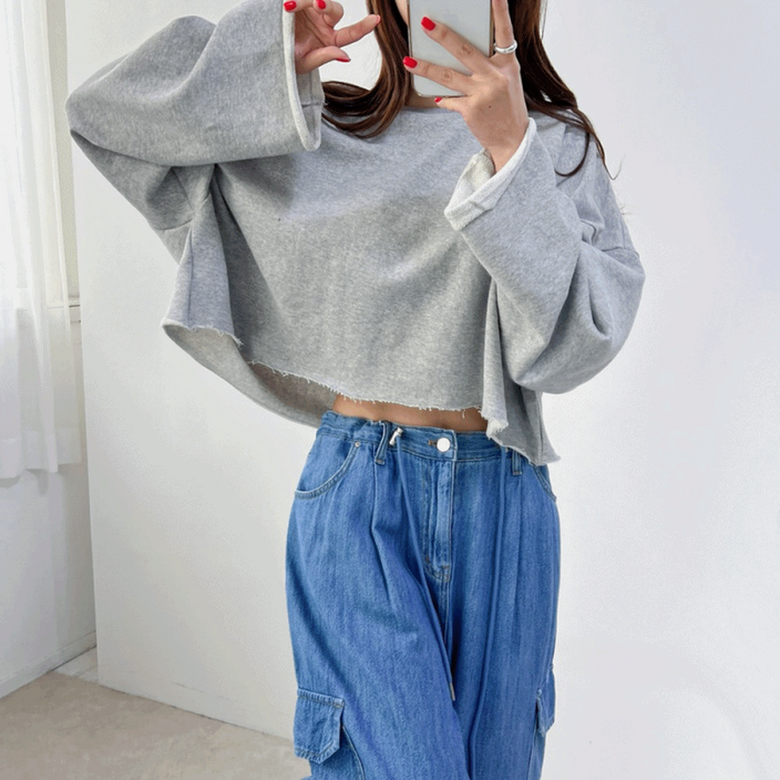 데끼 빈티지 쭈리 컷팅 오버핏 크롭 맨투맨 티셔츠 2color
