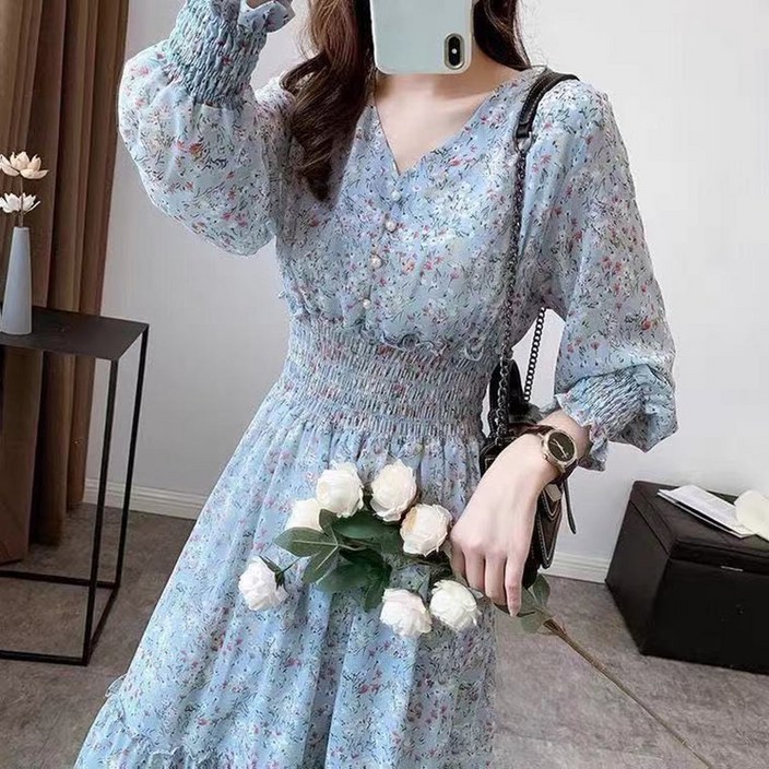 ANYOU 여성 쉬폰 원피스 봄가을 긴팔  밴딩 브이넥 분위기 플라워 롱원피스
