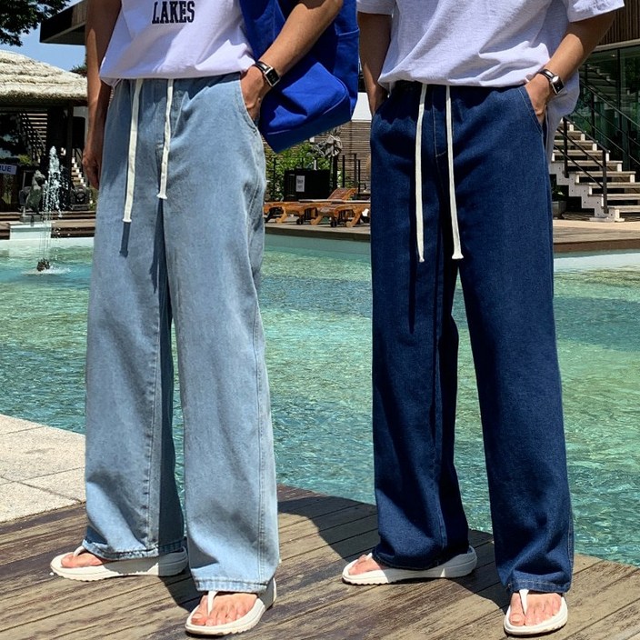 데얀 남자 스판 밴딩 와이드 청바지 데님 블랙진