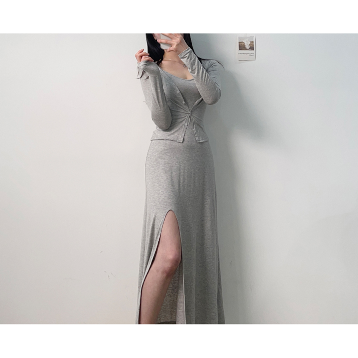린 나시 롱 원피스가디건 투피스 앞트임 스판