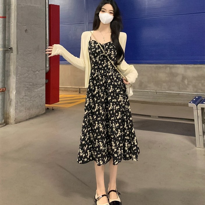 이유무무 NQ238 플라워 나시 A라인 플레어 롱 원피스