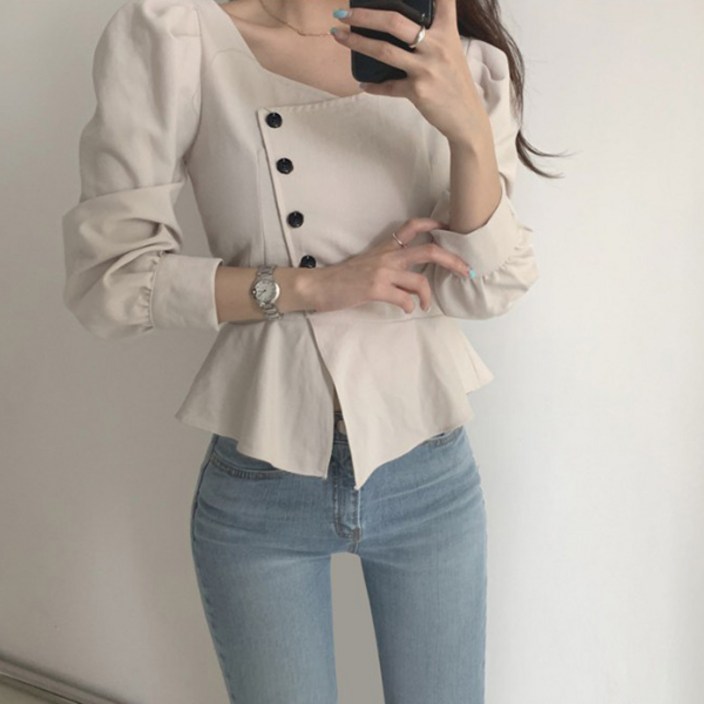 레티고 사선 단추 긴팔 블라우스