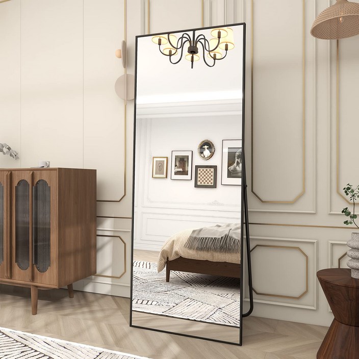 BEAUTYPEAK 1610mm x 520mm 전신거울, 홈짐 운동방 대형 전신 거울, 수직으로 매달리거나 벽에 기대어 전신거울, 알루미늄합금 얇은 테두리 거울, 침실, 탈의실, 블랙