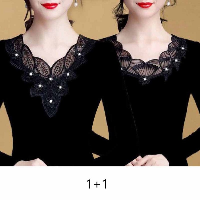 1+1 중년 여성 긴팔티 봄 가을 패션 긴팔 레이스 탑 우아한 디자인 고급 스타일 YLP