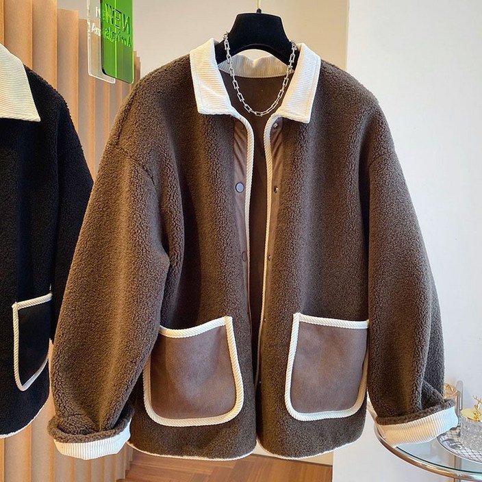 TIMEPURE 여성용 프리미엄 램스울 셔츠 칼라 코트 빈티지 감성의 투톤 컬러, 부드러운 터치, 데일리 오피스 캐주얼 룩 박시핏 날씬해 보임 아우터