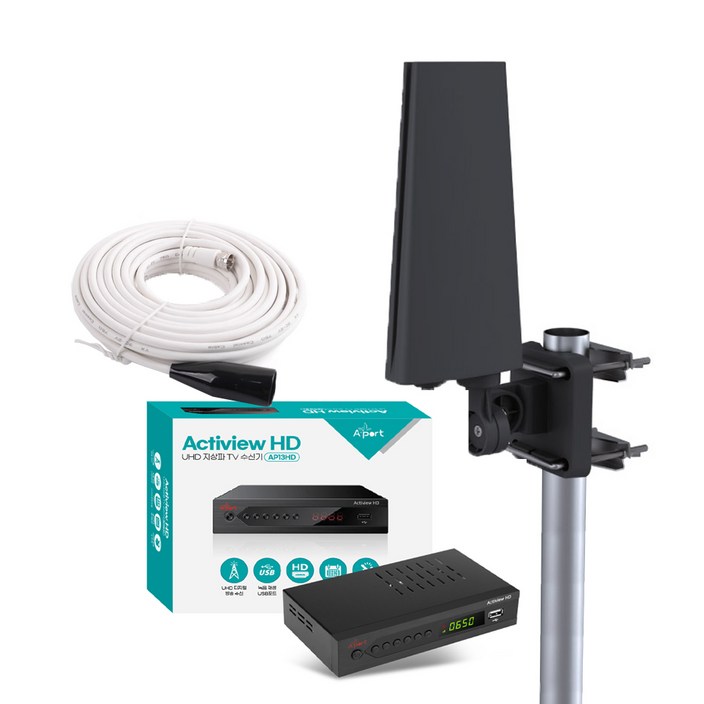 UHD 지상파 TV 안테나 셋톱박스 수신기세트 1.5~10M 케이블 포함 차량용 가정용 캠핑용 농막용, AP13HD03(가변형 블랙), 1개