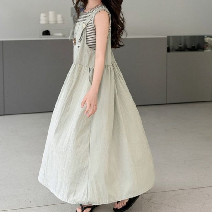 Toruva어린이 캐주얼 스트라이프 멜빵 원피스 세트 상큼한 디자인14세 이상