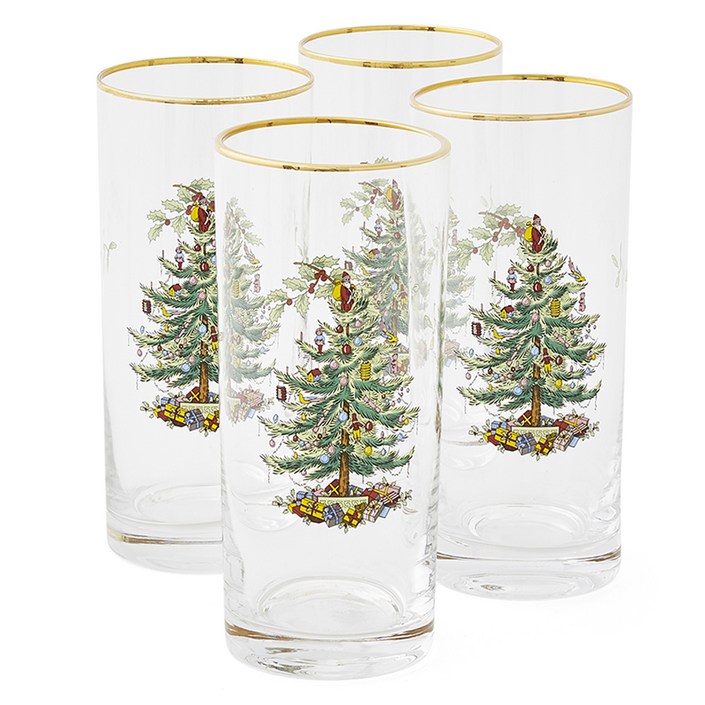스포드 크리스마스 트리 하이볼잔 420ml 4p, 골드  그린  레드, 1세트
