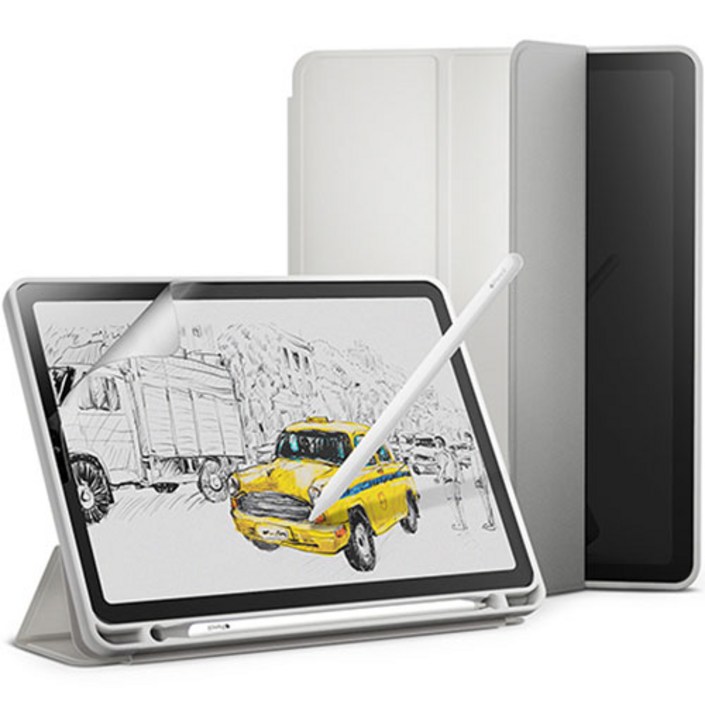 신지모루 스마트커버 애플펜슬 수납 태블릿PC 케이스 + 종이질감 액정보호 필름 세트, 웜 그레이 - 투데이밈