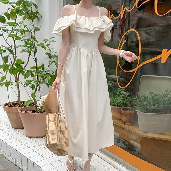 피어니스트 오프숄더 프릴 A라인 롱 원피스