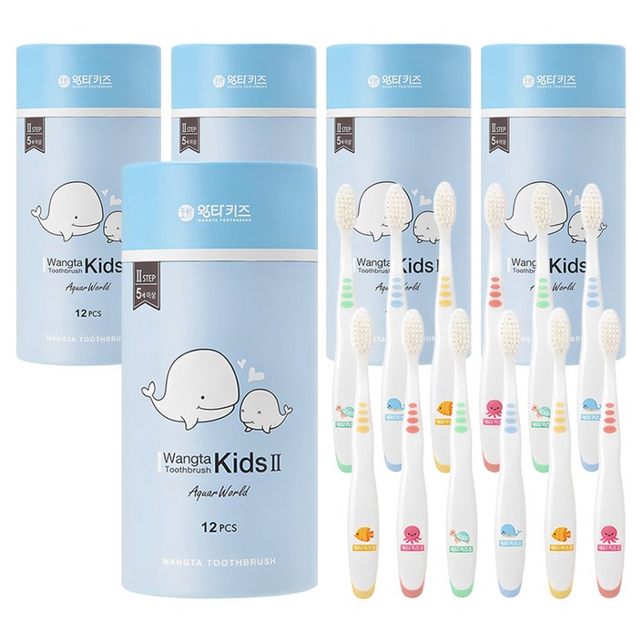 왕타 아쿠아월드 2호 어린이 칫솔, 혼합색상, 12개입, 5개