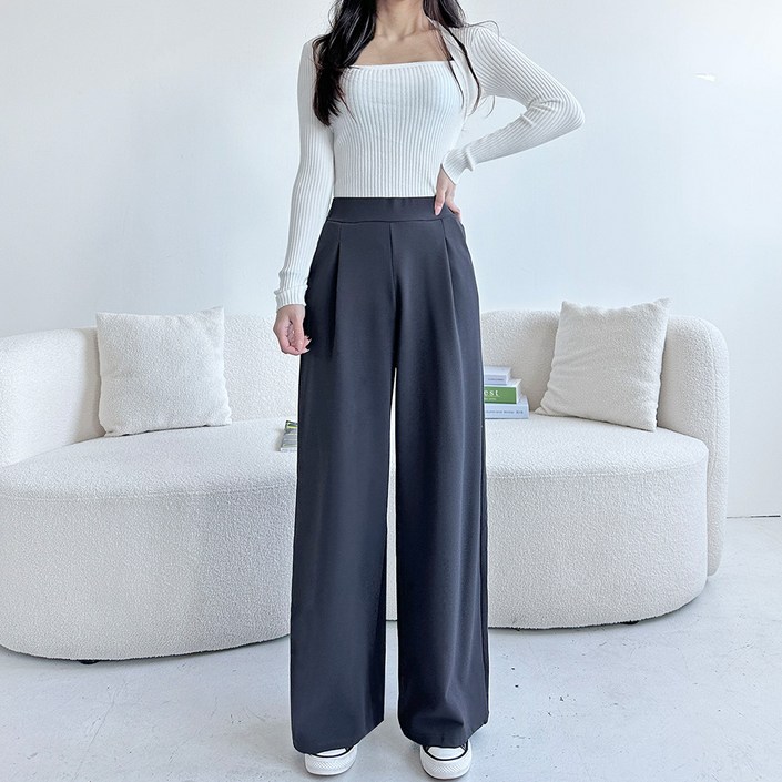 잘빠진 여성용 롱숏 2단기장 이즈 핀턱 밴딩 와이드 스판슬랙스