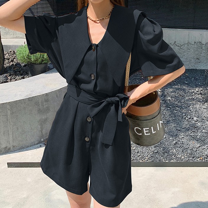 페이퍼먼츠 오드리 빅카라넥 스트랩 반팔 점프수트 10973