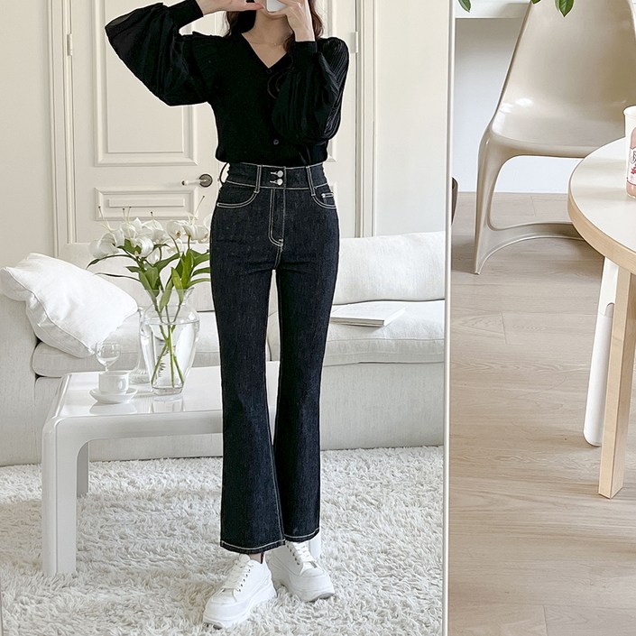 토마토팩토리 여성용 트윙클 투버튼 히든밴딩 부츠컷 스판 생지 데님 팬츠 숏