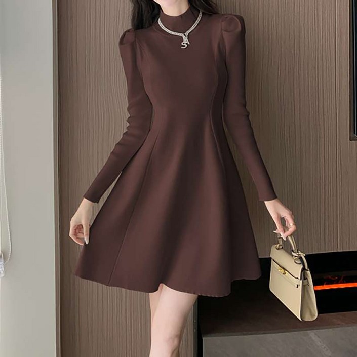 더벨러리 여성 하프넥 A라인 미니 원피스 BKO4567 퍼프 소매 슬림핏 스웨터