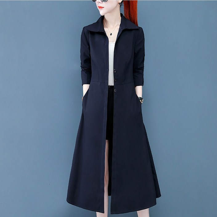 VVRR 여성 중장기 코튼 폴리에스터 심플한 스타일 버튼 A라인 트렌치 코트 봄 가을 A0122802