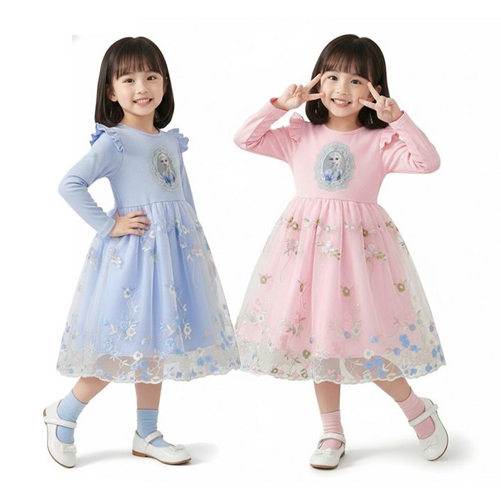 26신상 엘사 긴팔 플라워 레이스 드레스 풍성한 샤 스커트 데일리원피스LED시계 선물증정