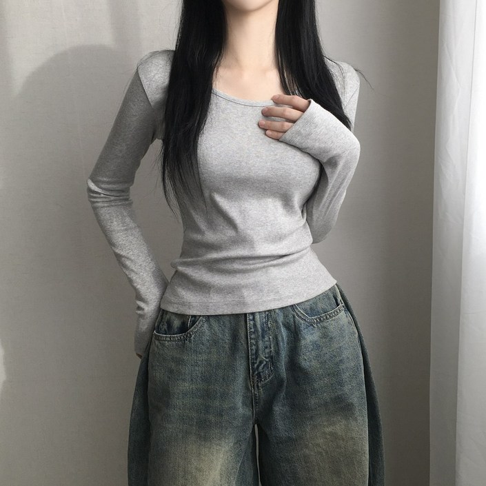 손등덮는 여리핏 코튼 유넥 기본무지 긴팔티셔츠 3color