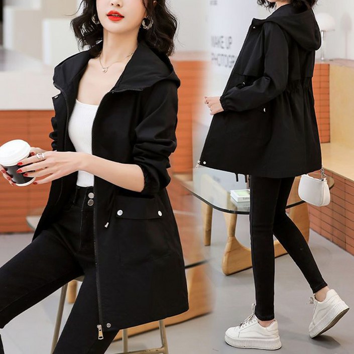 POMTOR 봄가을 얇은 트렌치코트 여성 하프기장 프리미엄 아웃도어 캐주얼 후드 코트 자켓 POMTOR 봄가을 얇은 트렌치코트 여성 하프기장 프리미엄 아웃도어 캐주얼 후드 코트 자켓