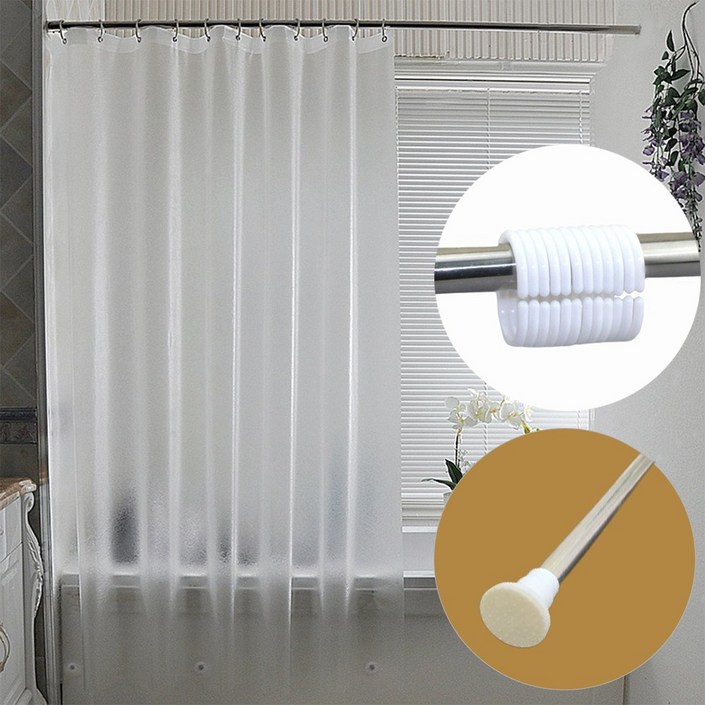 앞날앤 무타공 욕실 방수 샤워커튼  커튼링  커튼봉 세트, 반투명