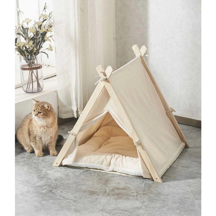 고양이 숨숨집 원목 텐트 하우스, 1개, 아이보리