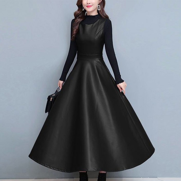 PEROLA 여성 PU 가죽 원피스 봄 가을 빅사이즈 롱 원피스 슬림핏 레더 끈나시 원피스 M4XL