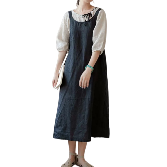 Makone 여성 린넨 멜빵 롱 원피스 루즈핏 심플 무지 솔리드