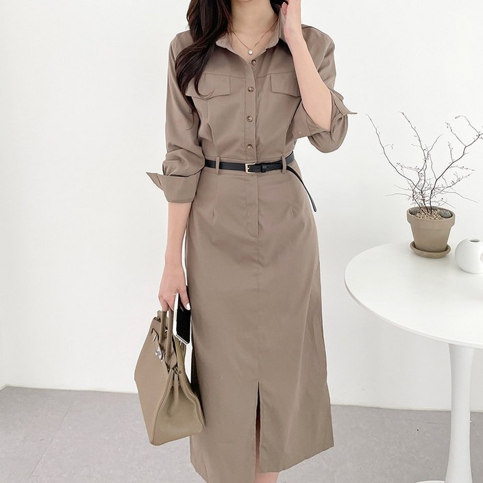 여성 간절기 카라 단추 포켓 허리 벨트 원피스 2color